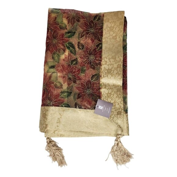 Christmas Poinsettia Table Topper 33 Inch Square Red Gold Organza with Tassels S - Picture 1 of 9